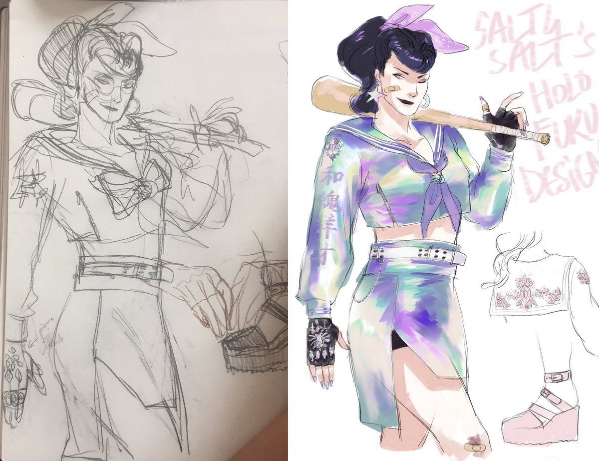 salt4salt_'s tweet image. Sketch VS Cleaned up colored sketch of my Sparkly/Sukeban/Magical Girl ✨🌈 The design changed a bit and could change for more aggressive SPARK and PINK✨#artistsoftwitter #fromsketchtofinal #characterdesign