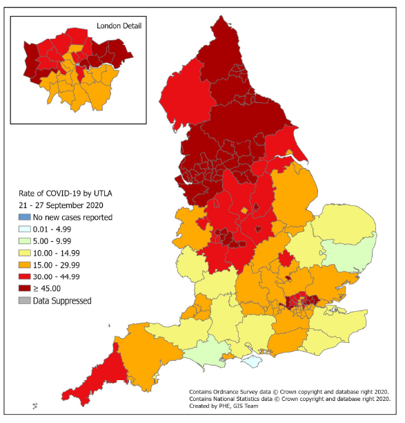 The latest Covid surveillance report has been published by Public Health England. Here is my commentary. The main point is that Covid is now widely established, not only in the north and the midlands but also north London and for the first time in Cornwall