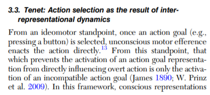 Morsella et al. (  https://philarchive.org/archive/MORHIO  ) note the only way for an ideomotor intention to be blocked is to replace it with an alternative intention. The alternative intention needs to be some _physical_ action that's sent to the bodily control system to take higher priority.