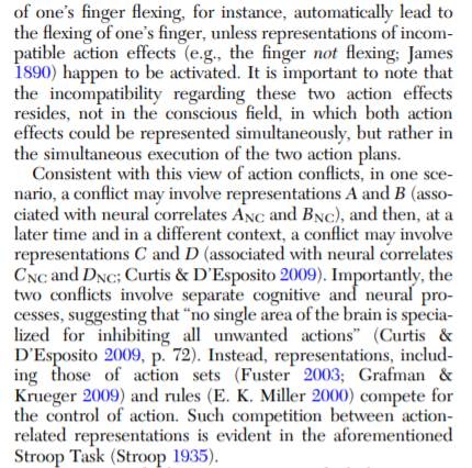 Morsella et al. (  https://philarchive.org/archive/MORHIO  ) note the only way for an ideomotor intention to be blocked is to replace it with an alternative intention. The alternative intention needs to be some _physical_ action that's sent to the bodily control system to take higher priority.