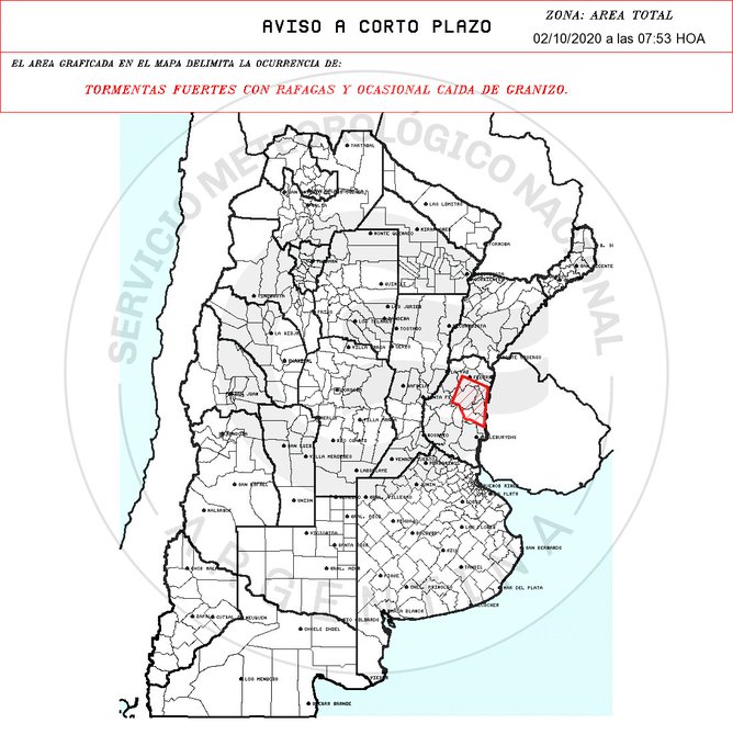 Aviso a muy Corto Plazo 2020-10-02 07:53:00 
Validez : tres horas desde su emisión
TORMENTAS FUERTES CON RAFAGAS Y OCASIONAL CAIDA DE GRANIZO. 
