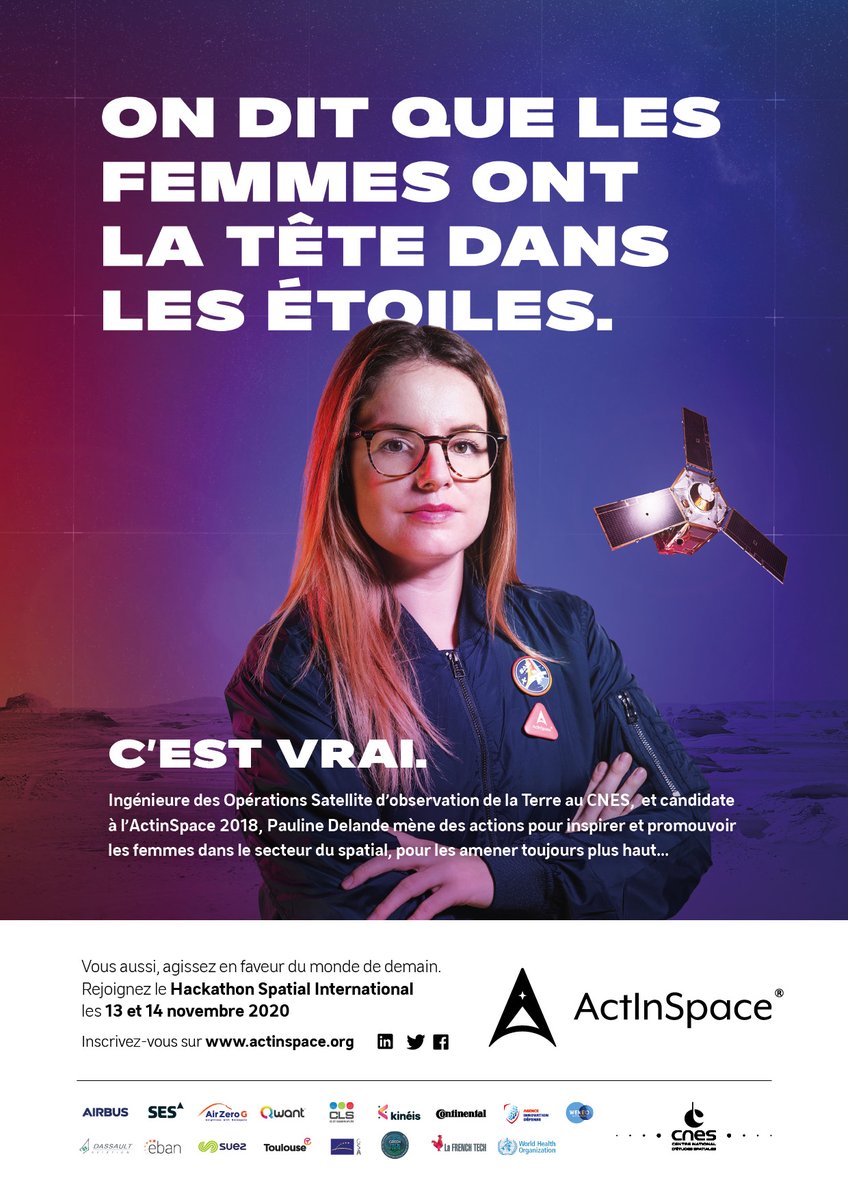 ActInSpaceFr's tweet photo. 🚀 En 2018, @Pauline_Delande, ingénieure des Opérations Satellite d’observation de la Terre au @CNES, a participé à ActInSpace pour améliorer le monde de demain grâce au #spatial ! 
Mesdames, vous aussi, faites bouger les choses, inscrivez-vous à #AIS2020 ! ♀️
@ConnectbyCNES https://t.co/IIoATCzrUc