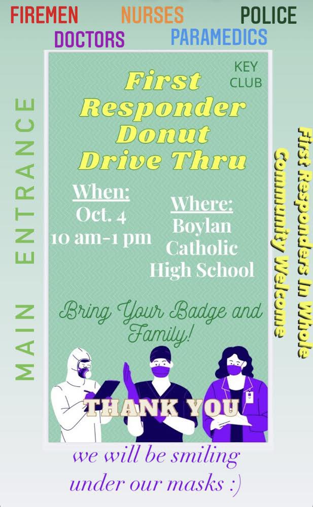 BoylanCatholic's tweet image. Save the date!
▪️1st Responder Donut Drive Thru
▪️Free donuts safely donated by Boylan Key Club
▪️Sun 10/4, 10a-1p
▪️@ BCHS, door A
👮👩‍⚕️👨‍⚕️👮‍♂️🧑‍🚒👩‍🚒😷🍩🚙🚗
