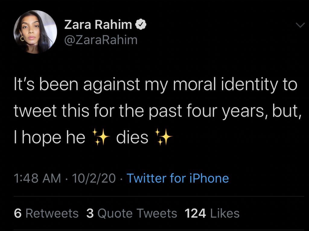 robbystarbuck's tweet photo. @realDonaldTrump @FLOTUS "I hope he dies"

- Former National Spokeswoman for Hillary Clinton’s 2016 campaign, Obama White House staffer Zara Rahim

This isn’t some random Twitter troll. Zara worked with Hillary Clinton and former President Barack Obama. Disturbed, evil Democrats are cheering right now. https://t.co/fEG5DVg3ty