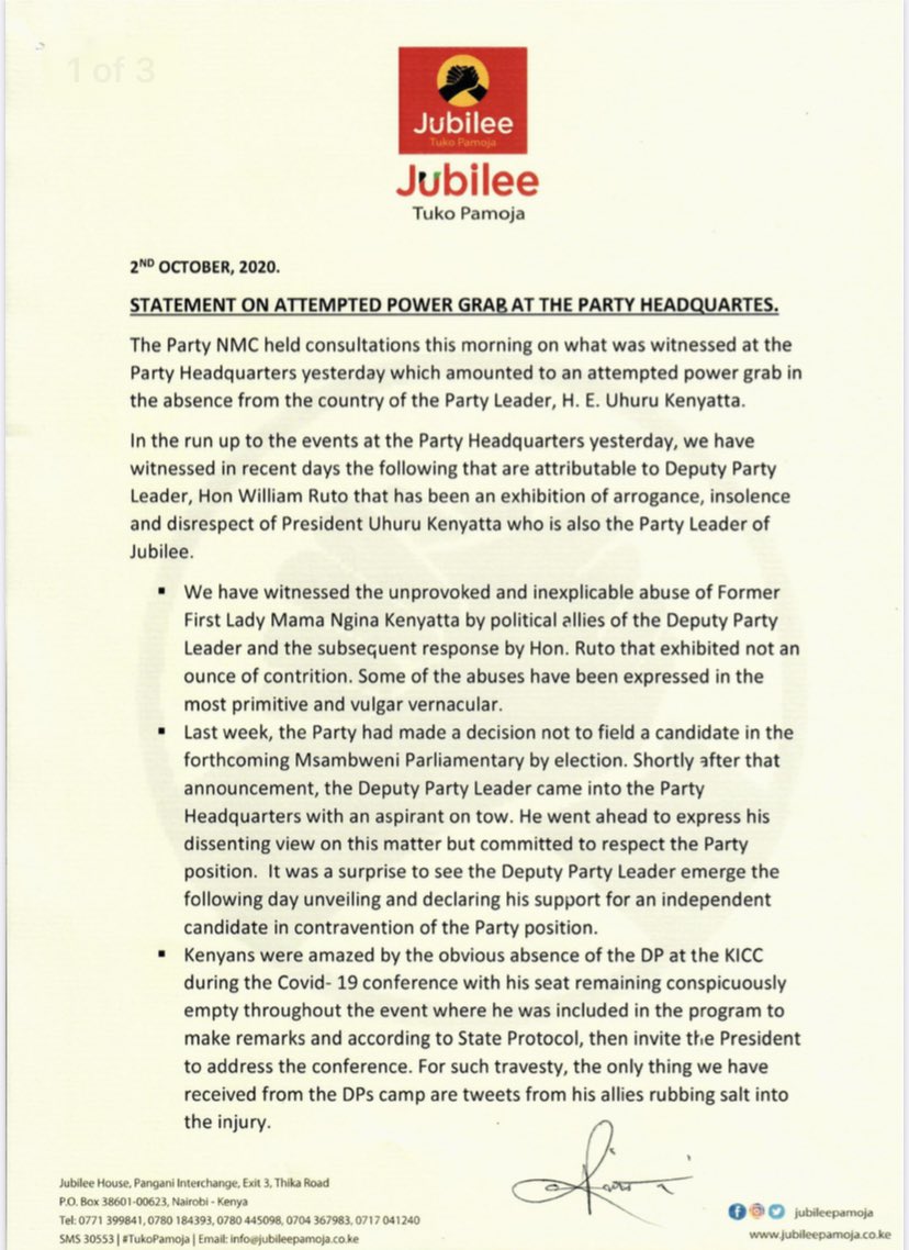 Asmali77's tweet photo. JUBILEE PARTY recommends removal of DP William Ruto as deputy party leader, decision was made by National Management Committee. https://t.co/MKIXYFBxna
