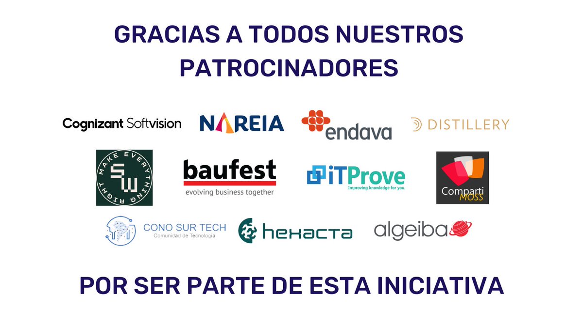 vopentech's tweet photo. Sábado 3 de Octubre #vOpen 2020👉 https://t.co/g35oJe2xgv👈
Muchas gracias a todos los patrocinadores que decidieron sumarse a nuestra iniciativa.
#Cognizant #Nareia #Endava #Distillery #Southworks #Baufest #ItProve #CompartiMoss #ConoSurTech #Hexacta #Algeiba https://t.co/qOzw97QqkV