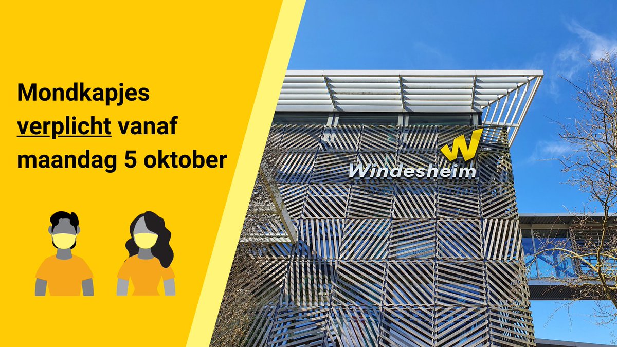CORONA UPDATE 😷
Vanaf a.s. maandag 5 oktober dragen we op Windesheim allemaal een mondkapje. Dit is verplicht in alle openbare ruimtes, denk aan gangen, kantines enz. In de klas mag je het mondkapje afdoen.

Lees meer ➡️ bit.ly/mondkapje-W