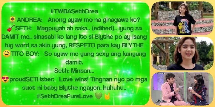 ProudkaySeth's tweet photo. Love wins!
#SethDreaPureLove 💚

Do you still remember their fast talk at TWBA? Please read attached photo.😊Thank you po!

Ito po ay ayon lang sa aking obserbasyon ehehe.. di na seksi manamit baby Blythe natin. hugs baby B. 😘💕🌻🤘

#AndreaBrillantes
#SethFedelin
#dreamscaped https://t.co/5Mx65RRq1A