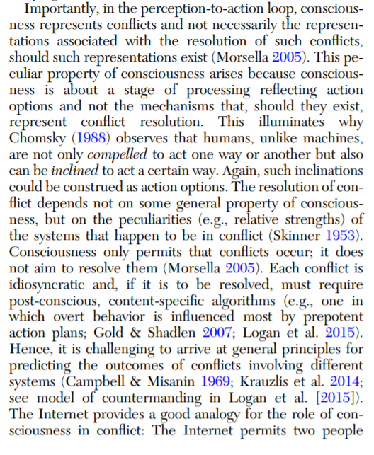 Morsella et al. also hypothesize that consciousness exists for representing a conflict and options for resolving it, not necessarily the _resolution_ for it, which may happen outside consciousness.