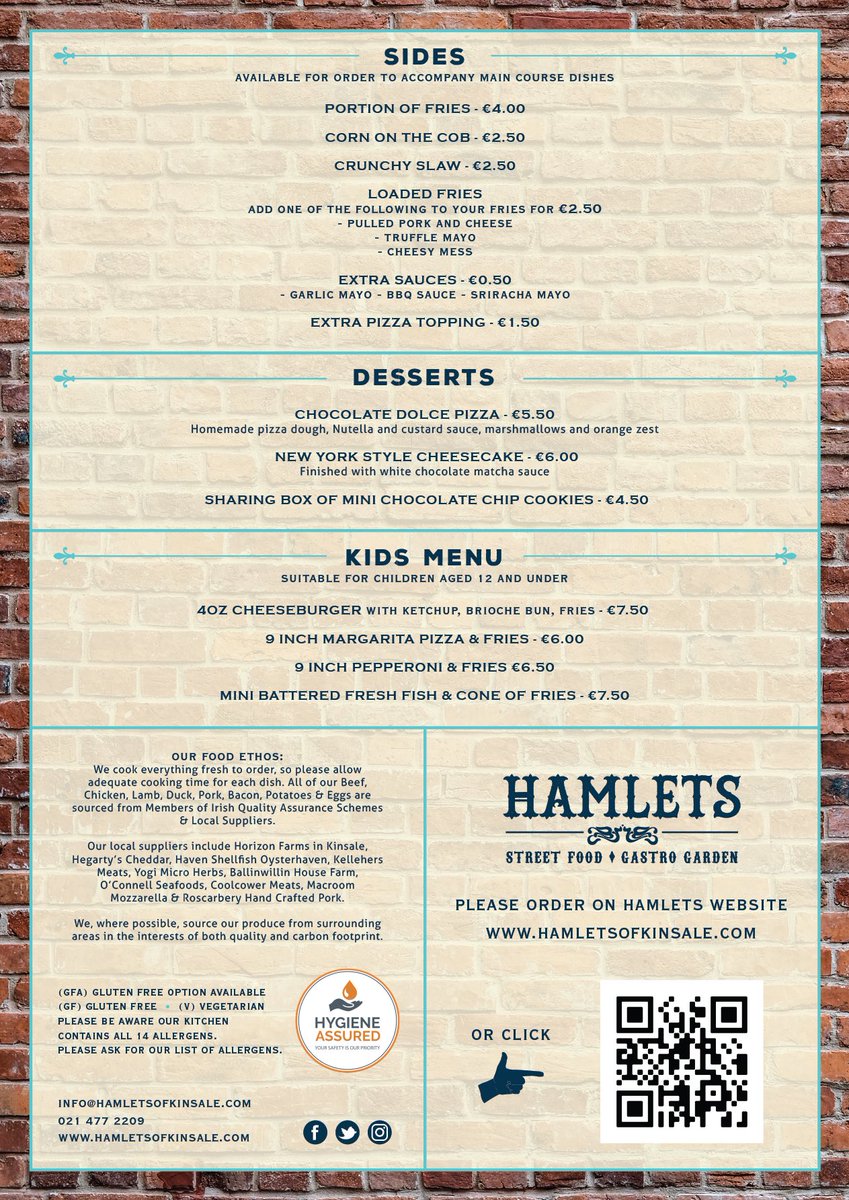 Hamletskinsale's tweet photo. We are so excited! 🥳
Our NEW street food menu goes live today so be sure to pop in over the weekend for some incredible, tasty street food and relax in our Gastro garden. Check out the new menu below to see what takes your fancy.
@yaycork @KinsaleNews @kinsale_ie @pure_cork https://t.co/XyzgfnCllN