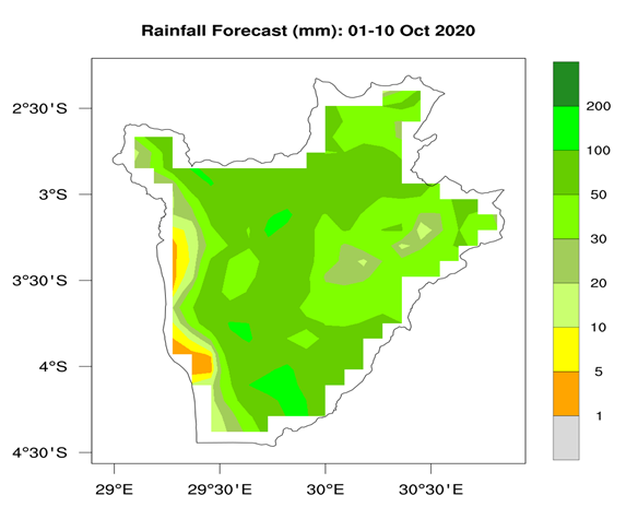 MeteoBurundi's tweet photo. Prévision pluviométrique décadaire
du 01 au 10 Octobre 2020.

Au cours de la période du 01 au 10
octobre2020,Une pluviométrie située entre
50 et 100 mm serait attendue dans les
régions naturelles de: Mugamba,Buyenzi,
imbo;une partie de Bugesera et une partie de
Bututsi. https://t.co/y99Olnoh0e