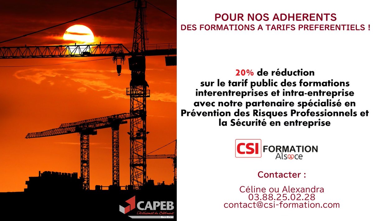CSI Formation notre partenaire fait bénéficier à nos adhérents de 20% de remises sur ces formations ! Alors go pour former vos salariés !
Vous souhaitez faire un plan de formation ? Un seul numéro 06.59.02.13.77 regardons ensemble et optimisons votre enveloppe formation !
