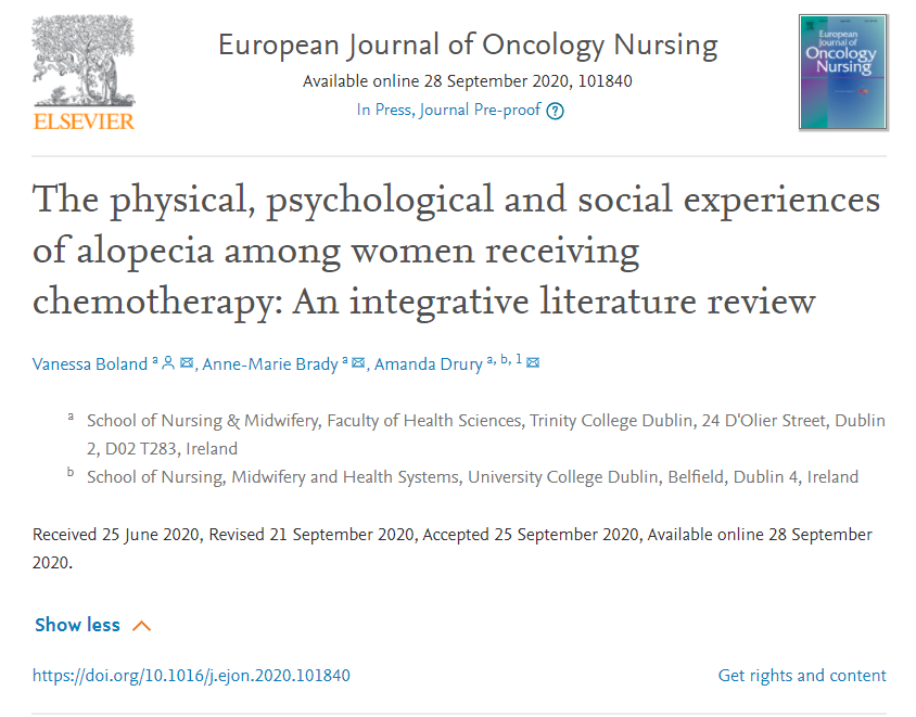 Delighted to have my first publication accepted by European Journal of Oncology Nursing which explores the experience of chemotherapy-induced alopecia for women. 

Key findings threaded. 

@druryal @abrady4 @TCD_SNM @cancernurseEU 
#earlycareerresearcher

ejoncologynursing.com/article/S1462-…
