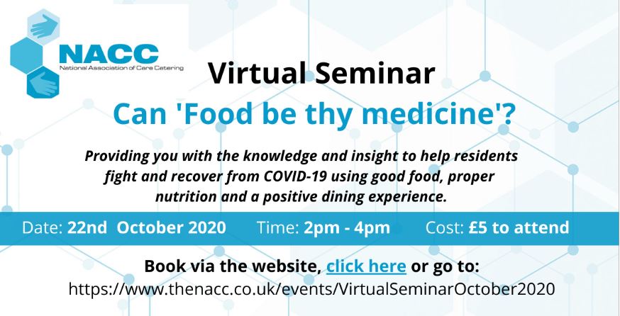 NACCCaterCare's tweet photo. Our first Virtual Seminar is taking place Thursday 22 October at 2pm😀

Join us as we look at some of the challenges care homes are facing caused by COVID-19, sponsored by Simply Food Solutions

Register in advance to avoid disappointment > https://t.co/doMWMcj9W9

#NACCCaterCare https://t.co/V1BA3yGFWN
