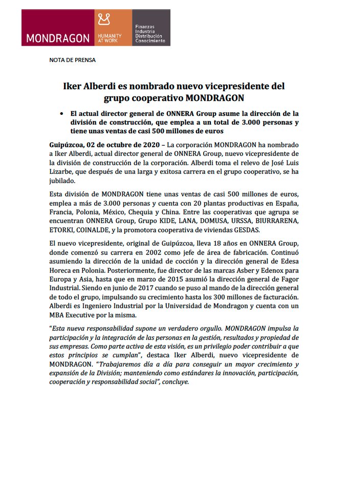 FagorPro's tweet photo. ¡Enhorabuena a Iker Alberdi, actual director general de #ONNERAGROUP, que acaba de ser nombrado nuevo vicepresidente de @esMONDRAGON! 📰 👇 https://t.co/5LKh2u3YON