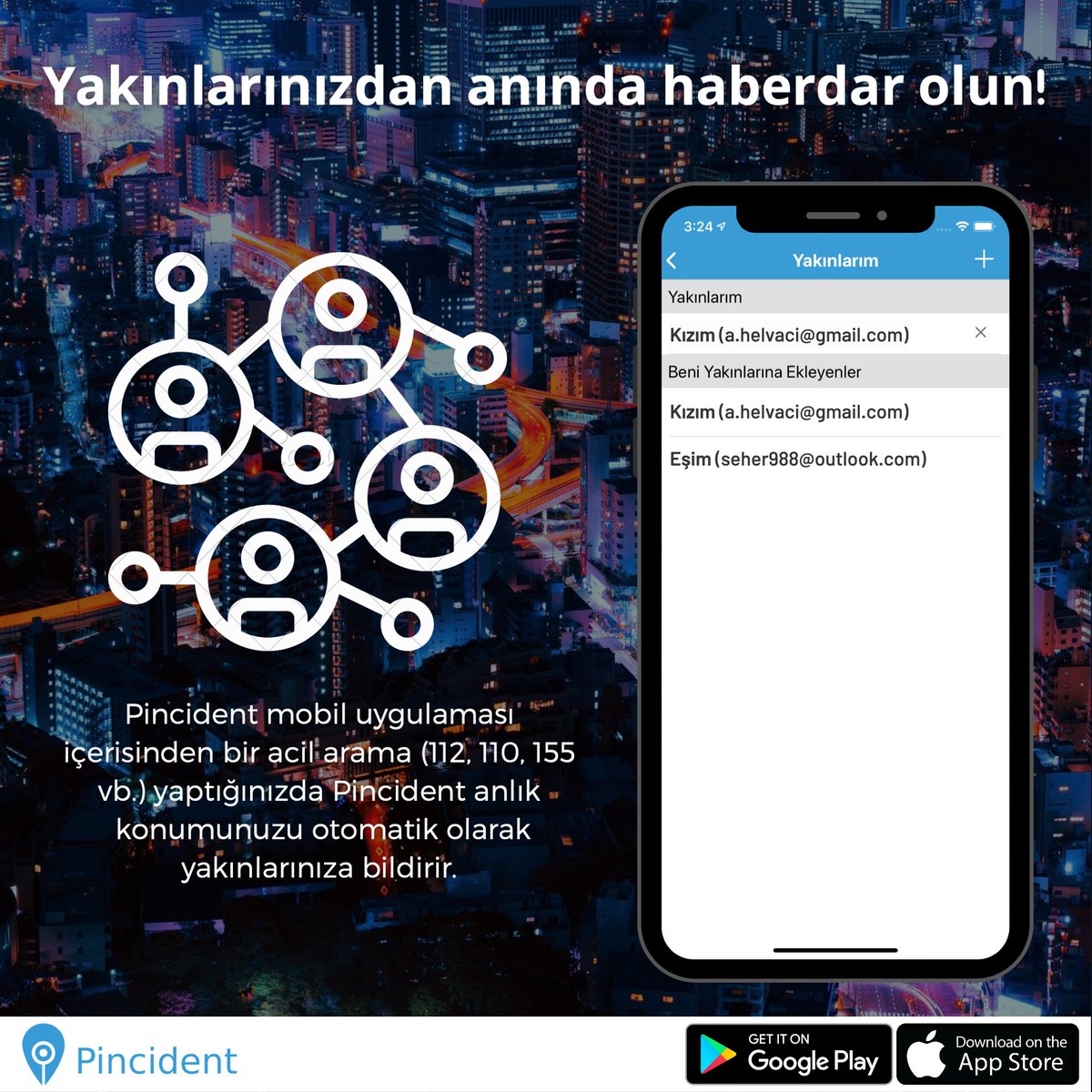 📩  Pincident mobil uygulaması içerisinden bir acil arama (112, 110, 155, 156, 177, 183, 184 vb.) yaptığınızda; Pincident, arama yaptığınız konumu otomatik olarak yakınlarınıza bildirir.

🔗 Pincident tamamen ücretsiz!

#112acilservis #polis155 #Türkiye #pincident #acildurum