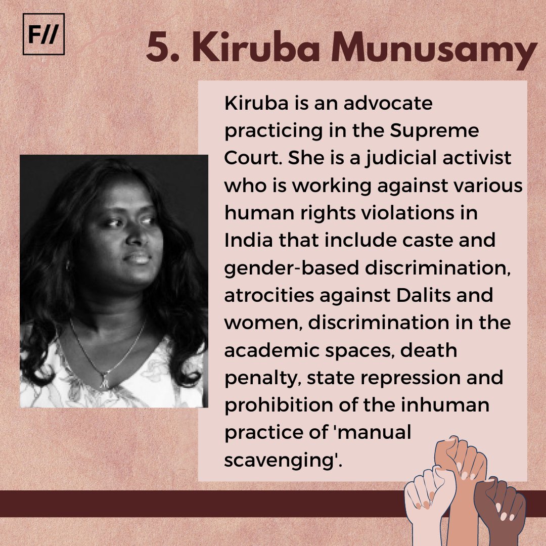 5. Kiruba Munusamy Kiruba is an advocate practising in the  #SupremeCourt. She is a judicial  #activist who is working against various human rights violations in India that include  #caste and gender-based discrimination, atrocities against Dalits and women, etc. (7/n)