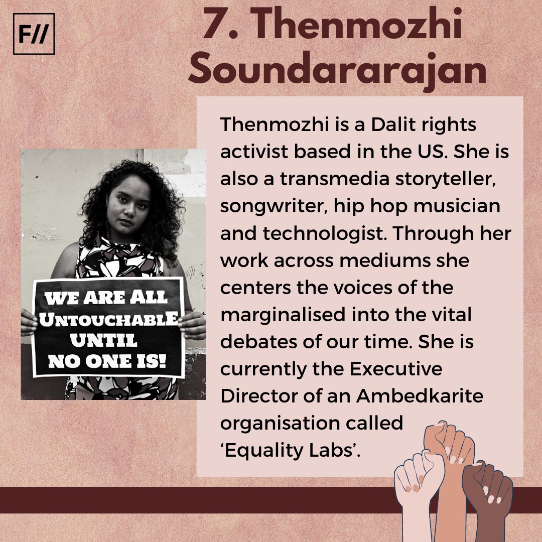 7. Thenmozhi SoundararajanThenmozhi is a Dalit rights  #activist based in the US. She is also a transmedia  #storyteller, songwriter, hip hop musician and technologist. She is currently the Executive Director of an  #Ambedkarite organisation called  @EqualityLabs. (9/n)