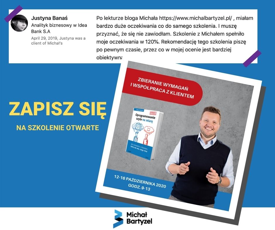 MichalBartyzel's tweet image. Zapraszam na szkolenie ONLINE: "Zbieranie wymagań i współpraca z klientem".
W PLANIE MIN.: analiza interesariuszy, odkrywanie potrzeb, #Gherking, #SpecificationByExample, #EventStorming
ZAPISY I SZCZEGÓŁY: bit.ly/30sSmnV
#ITSpotykaKlienta