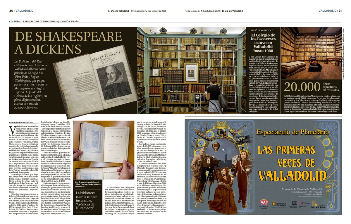 La Biblioteca del Real Colegio de San Albano de Valladolid albergó hasta principios del siglo XX ‘First Folio’, hoy en Washington, que pugna por ser la primera obra de Shakespeare que llegó a España. El fondo del Colegio de los Ingleses cuenta con más de 20.000 volúmenes