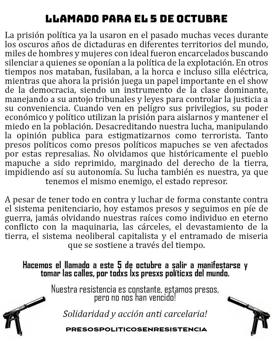 Coordinadora18O's tweet image. Solidaridad y acción anticarcelaria en todo los territorios. Abajo los muros de la prisión.
Este 5 de octubre a agitar las calles por todxs lxs presxs políticxs del mundo.
🔥✊