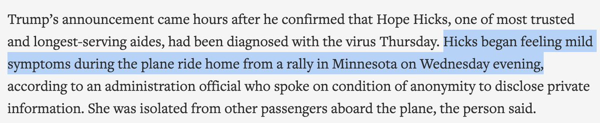 Hicks reportedly developed symptoms Wednesday evening (left, via  @AP).  https://apnews.com/article/virus-outbreak-donald-trump-health-archive-hope-hicks-7fece2838ff7a9bd91ccf5ac287348b3COVID's incubation period—how long symptoms take to appear after exposure—ranges from 1-14 days, though most develop signs after 4-6 days. (:  @ConversationUK) https://theconversation.com/how-long-are-you-infectious-when-you-have-coronavirus-135295