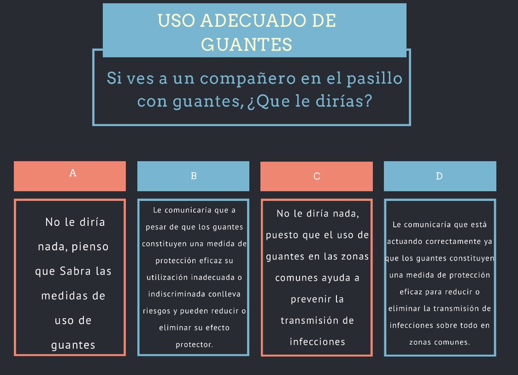 Ahora más que nunca, debemos profundizar en los conocimientos sobre el uso adecuado de guantes en nuestro día a día. ¿Cuál consideras que es la respuesta correcta? Participa! #usoadecuadodeguantes #osiarabaesi #bpsoeuskadi
