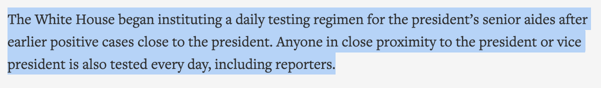 2. Why did Hicks test+ before President Trump?The WH hasn't released its COVID-19 protocol, but details appear in news reports.Aides/anyone close to POTUS are tested every day (AP story ).But Trump has publicly said he isn't ( @politico, July 21) https://www.politico.com/news/2020/07/21/trump-tested-coronavirus-multiple-times-day-375957