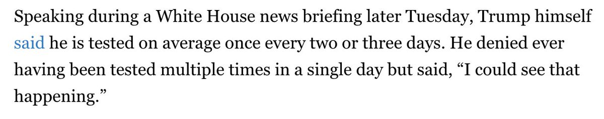 2. Why did Hicks test+ before President Trump?The WH hasn't released its COVID-19 protocol, but details appear in news reports.Aides/anyone close to POTUS are tested every day (AP story ).But Trump has publicly said he isn't ( @politico, July 21) https://www.politico.com/news/2020/07/21/trump-tested-coronavirus-multiple-times-day-375957