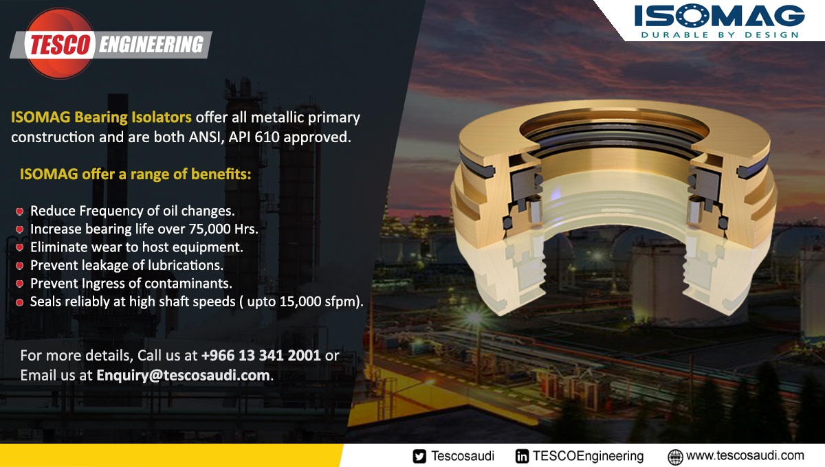 Tescosaudi's tweet photo. #TESCOEngineering represent #ISOMAG brand in Saudi. ISOMAG #MagneticBearingIsolators use superior face seal technology to protect the bearings on thousands of centrifugal machinery applications.
To know more, visit @ https://t.co/WjEigRWSck https://t.co/uhtxKkuO68