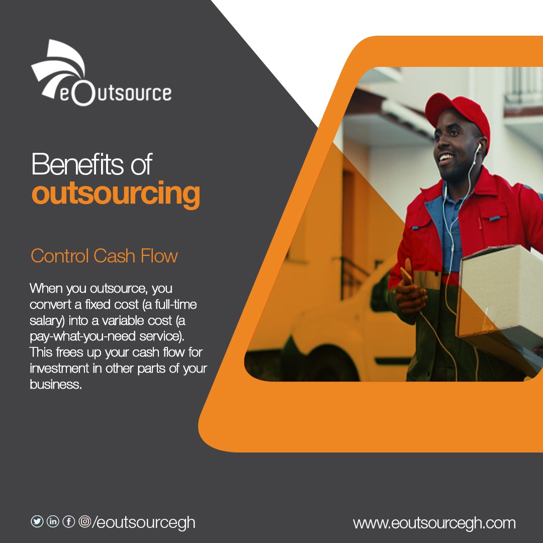eOutsourceGH's tweet photo. When you outsource, you convert a fixed cost into a variable cost. This frees up your cash flow for investment in other parts of your business.

Visit https://t.co/yWGh9Df0Yb to learn more.

#eoutsource #citicbs 
#outsourcingsolutions
Accra https://t.co/Otsm3iaL6g