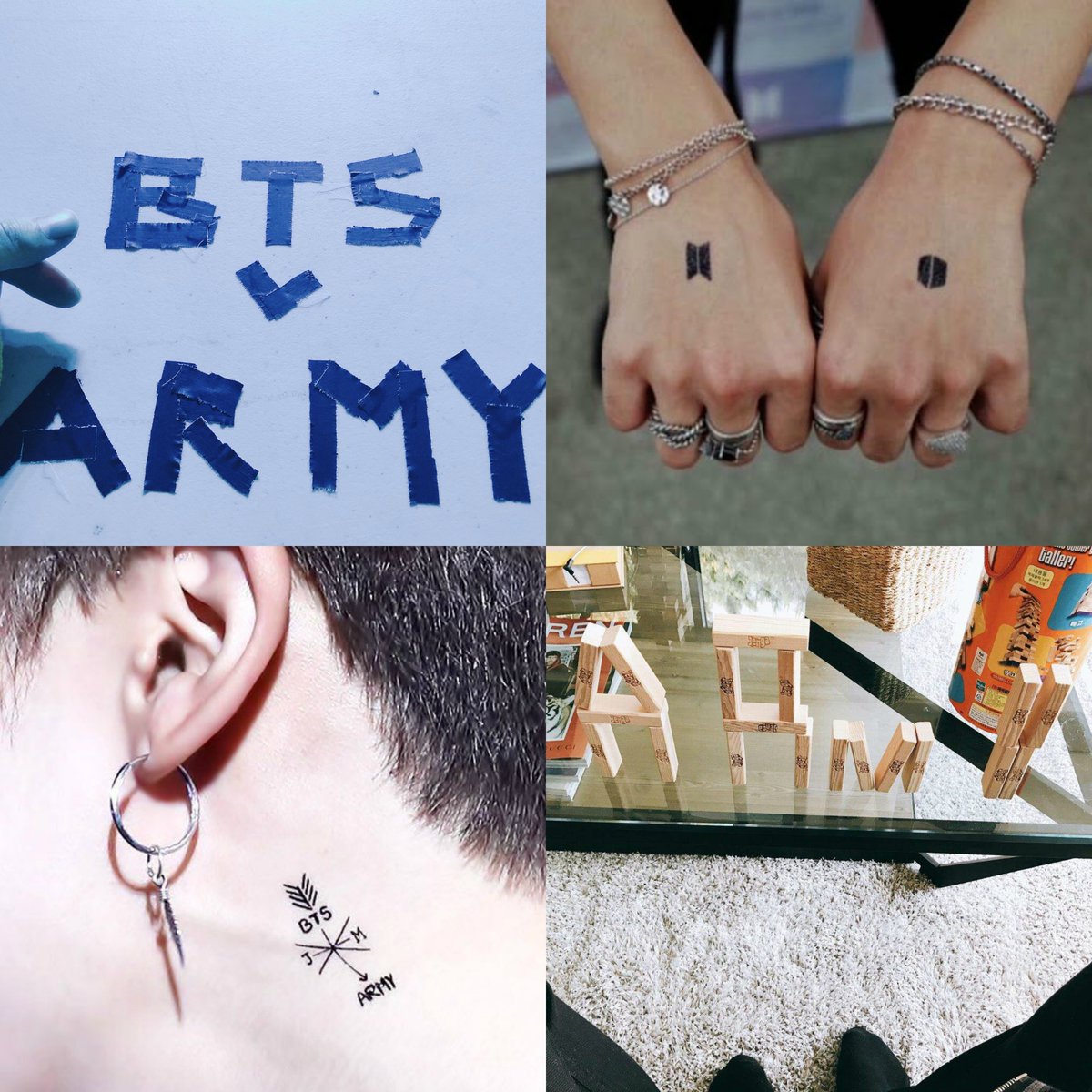  #jimtober D3: Jimin is known for including ARMY in everything. From necklaces and jenga pieces that spell out ARMY, to drawing with tape and getting temporary tattoos of our name, he's one of our biggest fans ♡