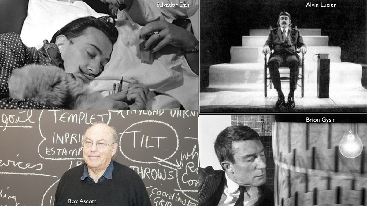 BrainAnalyser's tweet photo. Life changers (my short list) .. Alvin Lucier (1st documented artist working with #EEG 1965), Brion #Gysin (artist &amp; developer of the #Dreamachine 1961), Salvador #Dali's 'slumber with a key' technique to enter the #Hypnagogic state &amp; my professor in Interactive Arts #RoyAscott https://t.co/Rjk6dkwlzx