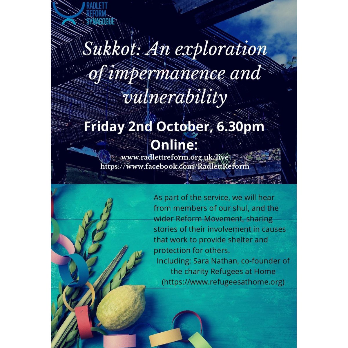 Radlett Reform (@radlettreform) on Twitter photo Shabbat Shalom שבת שלום and
חג שמח. Join us this eve for our festival celebration as we explore the theme of impermanence with members and guest speaker. #sukkot #jewishfestival <a href="/RadlettReform/">Radlett Reform</a> #jewishhertfordshire #impermanence #vulnerability #vulnerable Shabbat Shalom שבת שלום and
חג שמח. Join us this eve for our festival celebration as we explore the theme of impermanence with members and guest speaker. #sukkot #jewishfestival <a href="/RadlettReform/">Radlett Reform</a> #jewishhertfordshire #impermanence #vulnerability #vulnerable