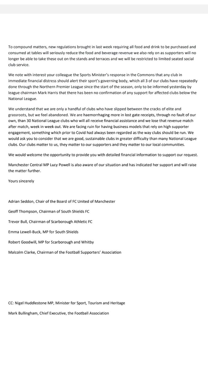 Today we, <a href="/safc/">Scarborough Athletic FC</a> and <a href="/FCUnitedMcr/">FC United of Manchester 🟥⬜⬛</a> have written to <a href="/OliverDowden/">Oliver Dowden</a> MP <a href="/DCMS/">Department for Culture, Media and Sport</a> as clubs who have slipped between the cracks of elite and grassroots sport, and are in great peril without assistance.

Read the letter in full below.

@EmmaLewellBuck 
<a href="/HuddlestonNigel/">Nigel Huddleston MP</a>