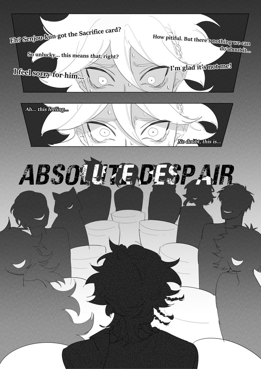 **Read from LEFT to RIGHT**
yttd x danganronpa crossover ft my oc!
alternate title: senjou wakes up in the wrong game (and suffers immediately) 

I really love both games so i wanted to make a crossover! winged it but i actually like how this turned out aaaa,, 
