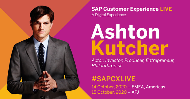 clarenette's tweet photo. Ashton Kutcher to see from another point the Customer Experience at #SAPCXLIVE, A Digital Experience, on Oct 14+15, 2020. https://t.co/px21UAl0EH https://t.co/rA1pZg9Jzu
