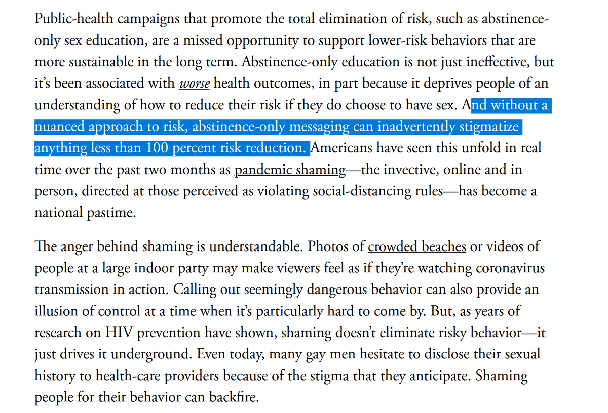 Media narratives skew closer towards an 'abstinence only' approach to COVID19 infection control, instead of considerations of relative risk. This is also a global thing, but also worse in countries where individual blame and shame are the key frames.  https://www.theatlantic.com/ideas/archive/2020/05/quarantine-fatigue-real-and-shaming-people-wont-help/611482/