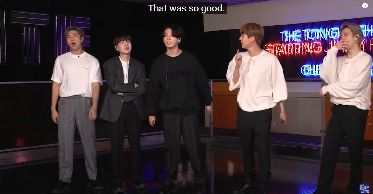 3:52 RM: LOL it's gonna be Jin vs. Jimin. (To Jin) Show them!4:19 J: JH is always so good with dances! 4:22 RM: Who is it? (x2)JK: Oh, this one is really... @BTS_twt  #BTS  #BTSonFallon  #BTSWeekonFallon  #BTSWeek  #BTSARMY