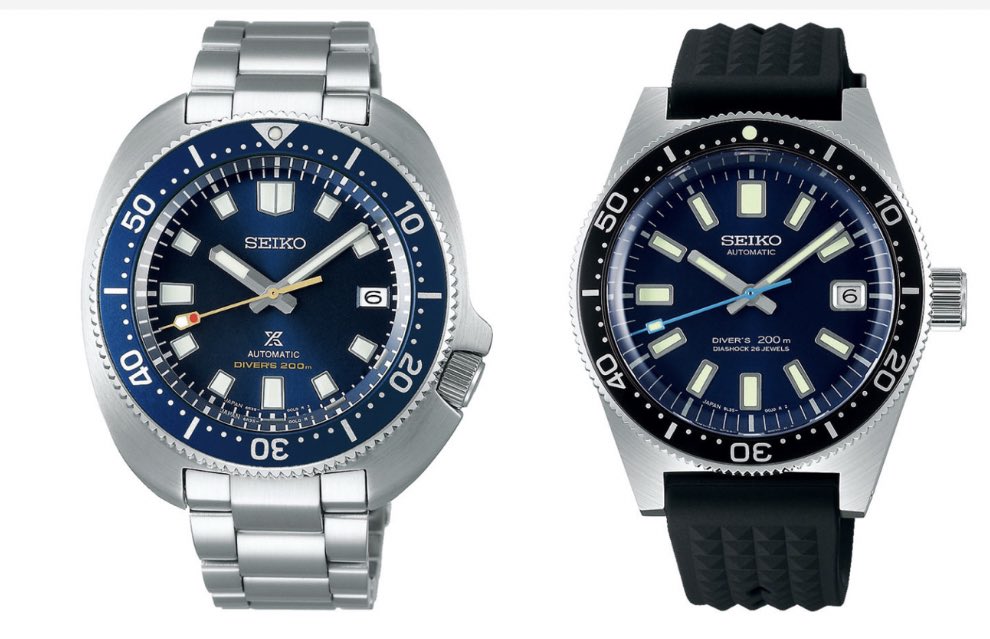 SeikoProspex's tweet image. #Seiko is marking the 55th anniversary of its first diver’s watch with remakes – yet again. The #Prospex 1965 Diver’s Re-creation #SLA043 modelled on the 62MAS 6217, while the Prospex 1970 Diver’s Modern Re-interpretation #SPB183 takes its cues from the 6105-8110. #DiveWatches