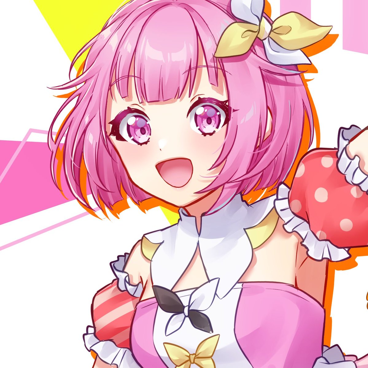 1girl pink hair pink eyes solo smile puffy sleeves puffy short sleeves  illustration images