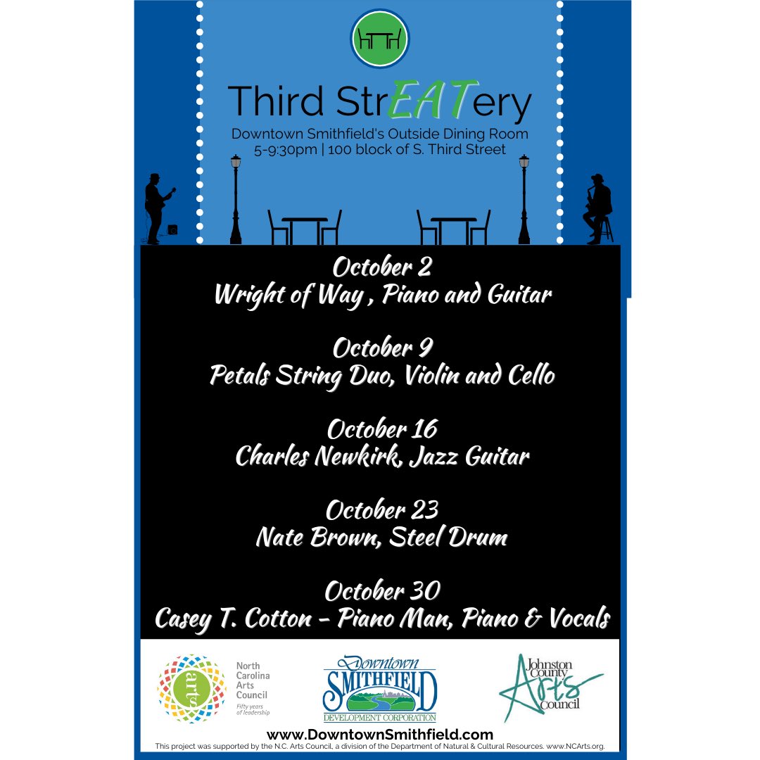 DTSmithfield's tweet photo. We’re excited to open the Third StrEATery, Downtown Smithfield’s Outside Dining Room, tonight! Get takeout from your favorite downtown restaurant and join us on Third Street for some great music! #DowntownSmithfield #SmithfieldNC #SmithfieldStrong #VisitJoCo #NCDowntownsStrong https://t.co/X2LA3mygtp