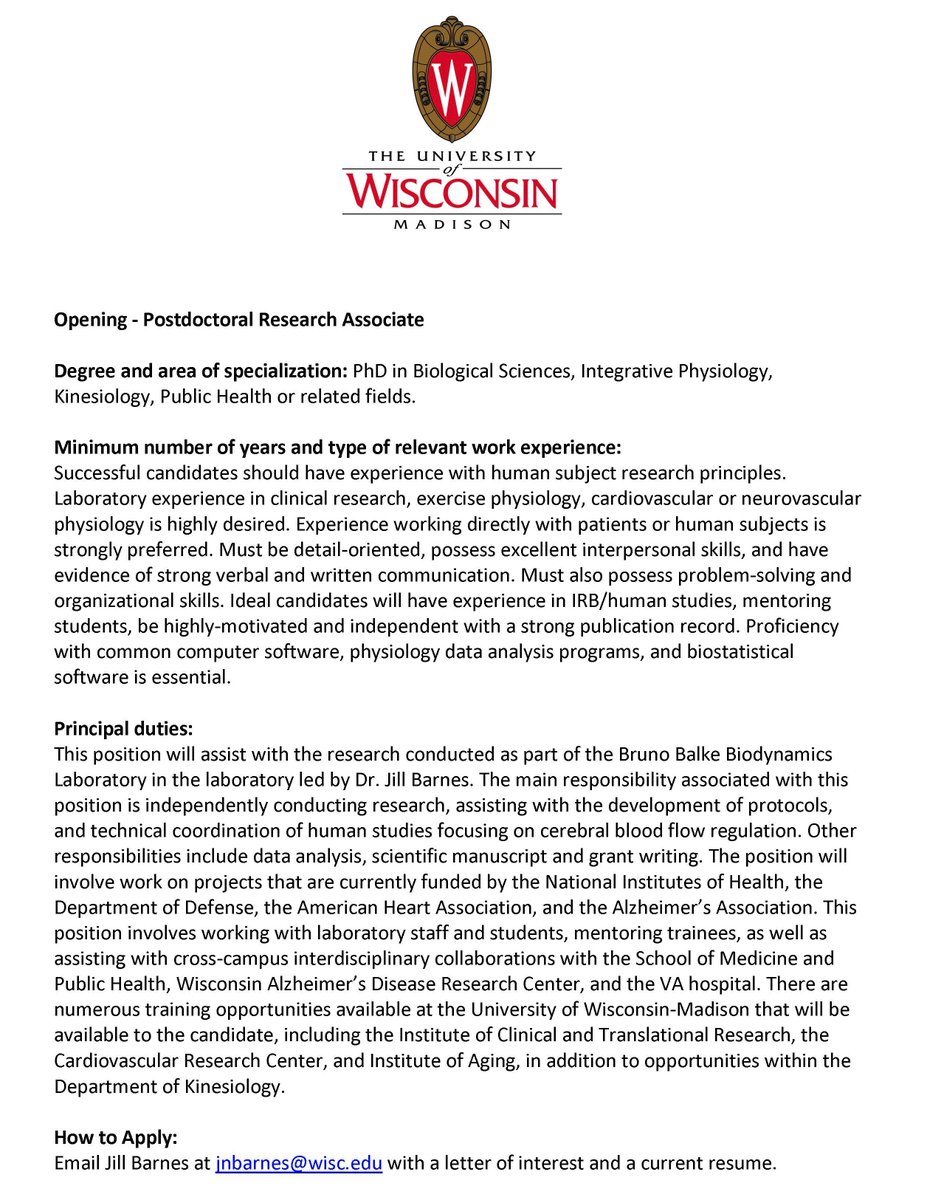 Jill Barnes (@barnes_lab) on Twitter photo New postdoctoral position available in our lab <a href="/UWMadison/">UW–Madison</a> <a href="/uwmadKines/">Kinesiology UW-Madison</a> investigating cerebral blood flow regulation in humans! Come work with us! #Physiology #ExercisePhysiology #HealthyAging New postdoctoral position available in our lab <a href="/UWMadison/">UW–Madison</a> <a href="/uwmadKines/">Kinesiology UW-Madison</a> investigating cerebral blood flow regulation in humans! Come work with us! #Physiology #ExercisePhysiology #HealthyAging