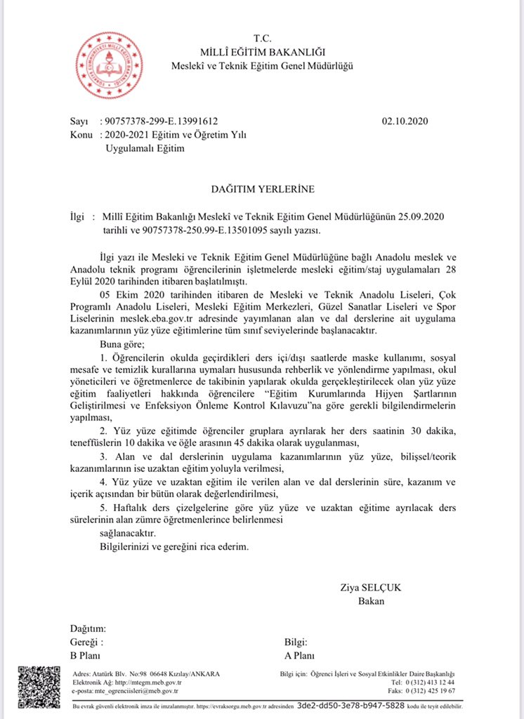 Meslek Liseleri, Güzel Sanatlar Liseleri ve Spor Liselerinin tüm sınıf seviyelerinde ki uygulama eğitimleri 05 Ekim 2020 tarihinden itibaren yüz yüze başlamıştır. Gerekli tüm açıklamalar meslek.eba.gov.tr de.