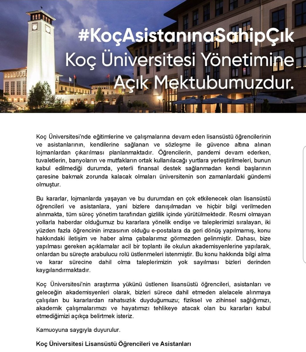 Koç Üniversitesine açık mektubumuzdur. 
@kocuniversity 
#KoçAsistanınaSahipÇık