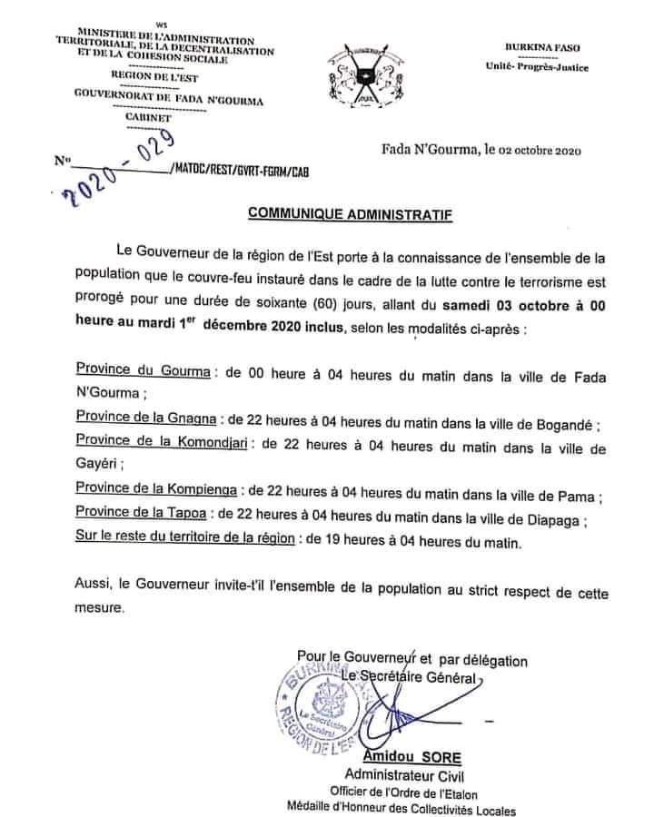 Sahel_Security's tweet photo. #Burkina #Region_Est : #Prorogation du #couvre_feu de 60 jours, pour compter du 03 Octobre 2020. https://t.co/Zg5K2nklZv