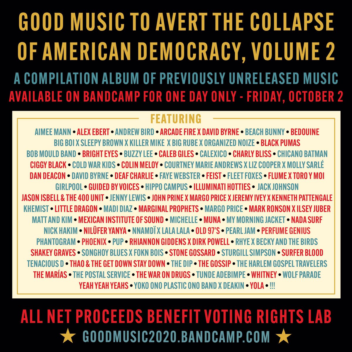 We contributed the demo of “Pan and Broom” on ‘Good Music To Avert The Collapse Of American Democracy, Volume 2,' a comp out for one day only TODAY on <a href="/bandcamp/">bandcamp</a>. All net proceeds benefit <a href="/votingrightslab/">Voting Rights Lab</a>. 🖤✌️ goodmusic2020.bandcamp.com