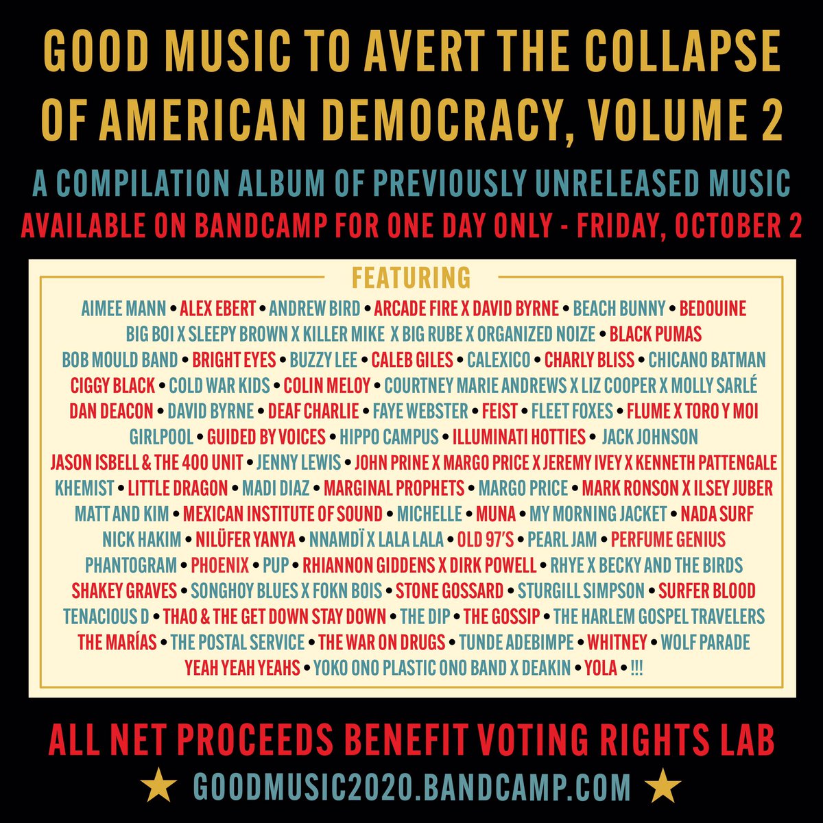 We contributed the demo of “Pan and Broom” on ‘Good Music To Avert The Collapse Of American Democracy, Volume 2,' a comp out for one day only TODAY on @bandcamp. All net proceeds benefit @votingrightslab. 🖤✌️ goodmusic2020.bandcamp.com