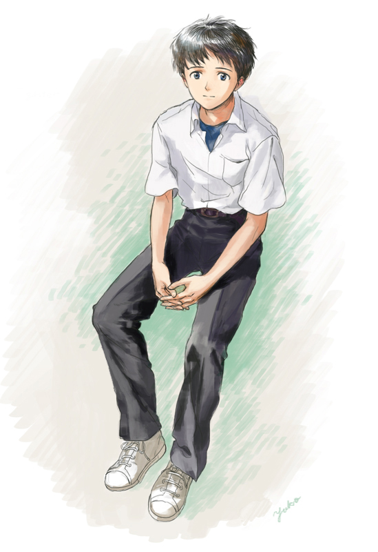ikari shinji 1boy solo male focus sitting shirt pants shoes  illustration images