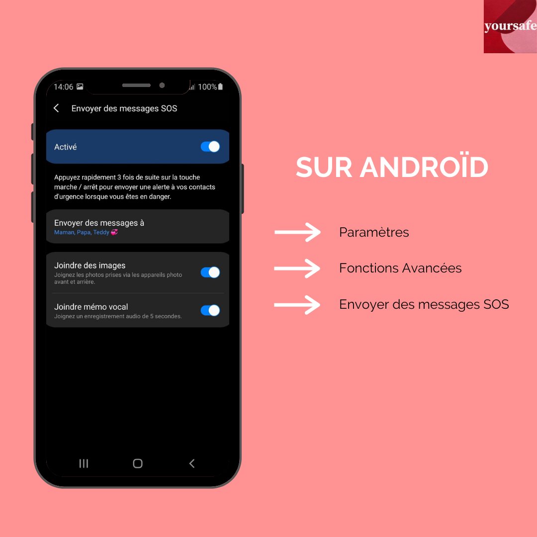 YourSafe_Off's tweet photo. #Danger : Vous rentrez tard le soir ? Vous avez peur seul.e dans les transports ? Vous vous sentez suivi.e ? Activez la fonction "Messages #SOS" sur votre #smartphone ! 📱
Votre position, enregistrement et photos sont envoyées à vos contacts d'#urgence ! https://t.co/Z0JINfAGdG